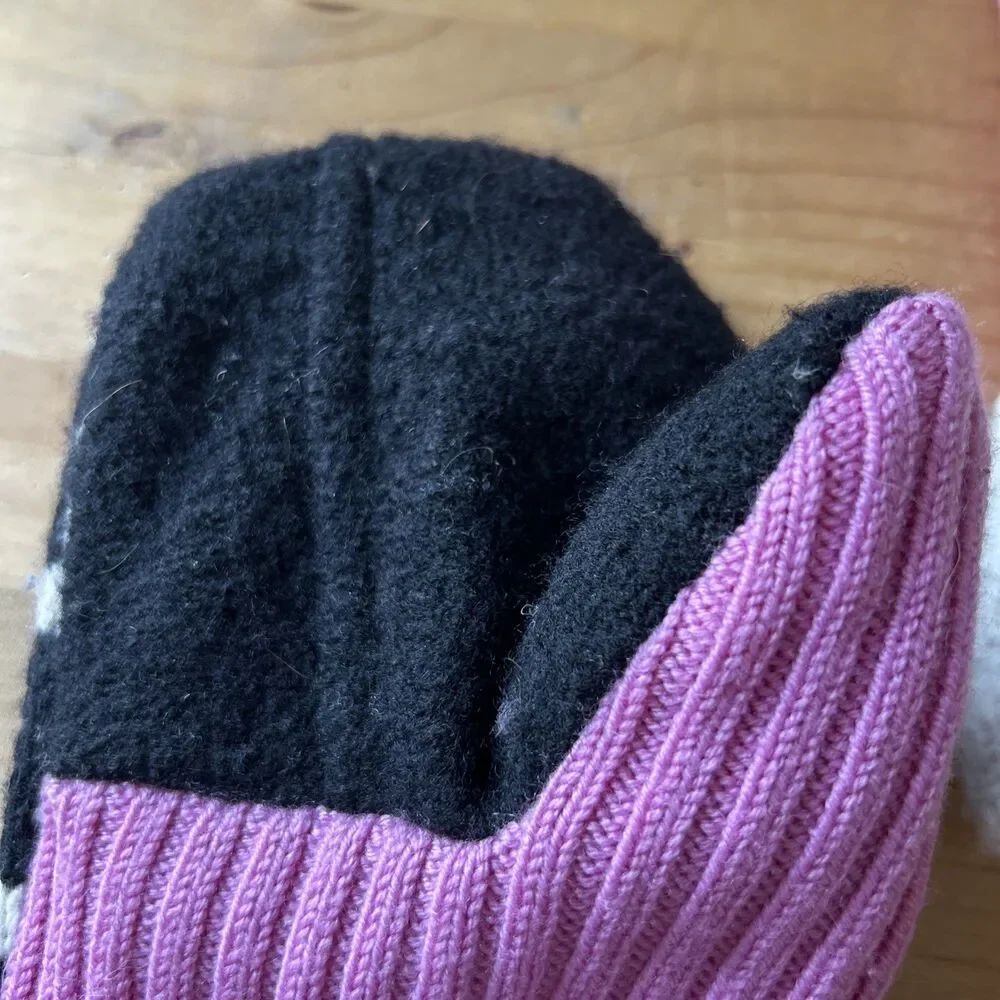 Upcycled Sweater Mittens Houndstooth Check & Pink Fleece Lined Knit Mitts Sz L